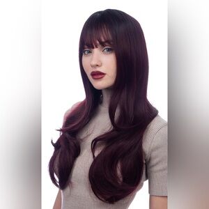 25” Burgundy Synthetic Wig with Dark Roots – Loose Curls – Adjustable Cap